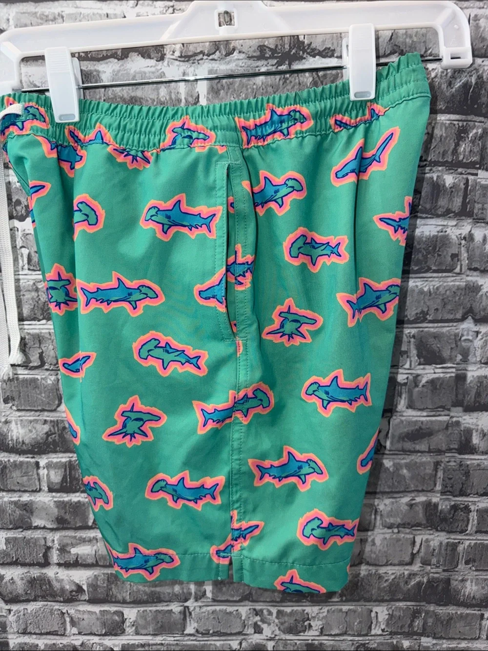 Boy's chubbies Teal Swim Trunks with Neon Shark‎ Print
